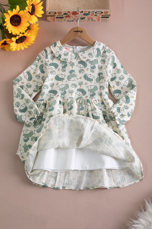 Yeşil Kirpi Desenli Süveterli Kız Çocuk Elbise 20223