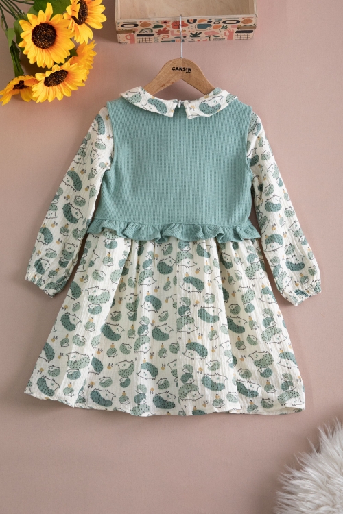 Yeşil Kirpi Desenli Süveterli Kız Çocuk Elbise 20223