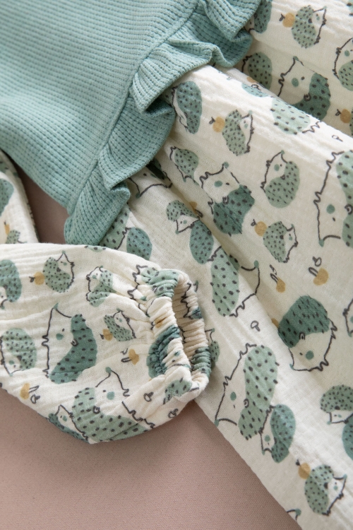 Yeşil Kirpi Desenli Süveterli Kız Çocuk Elbise 20223