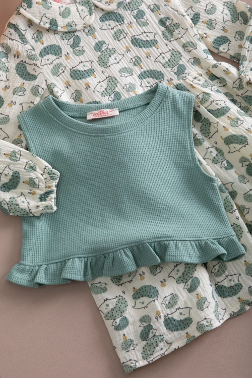 Yeşil Kirpi Desenli Süveterli Kız Çocuk Elbise 20223