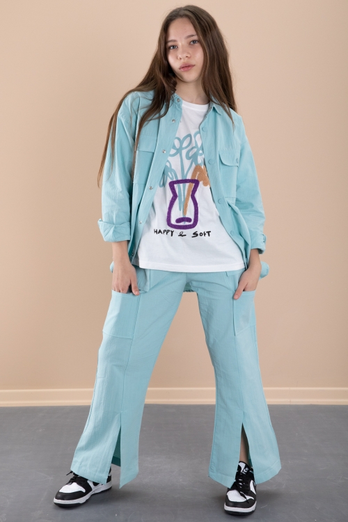 Yeşil Kız Çocuk Çiçek Baskılı Gömlekli Jogger Pantolonlu 3lü Takım 20475