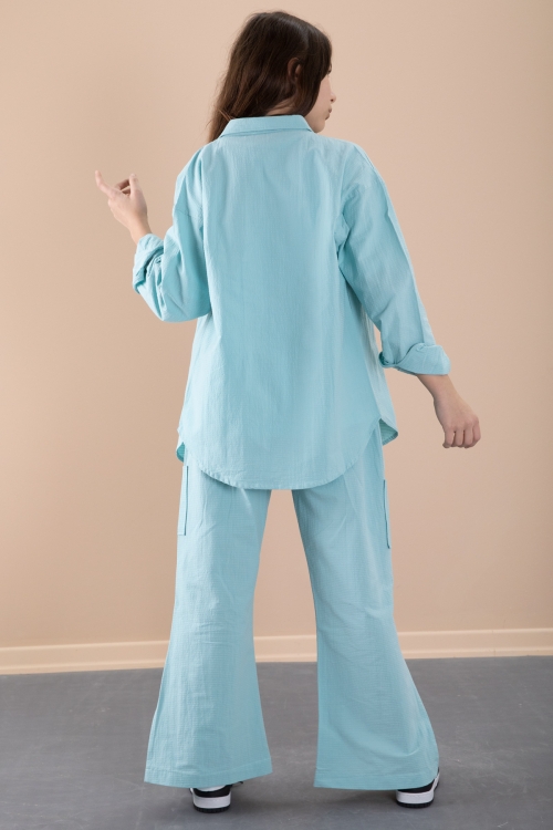 Yeşil Kız Çocuk Çiçek Baskılı Gömlekli Jogger Pantolonlu 3lü Takım 20475