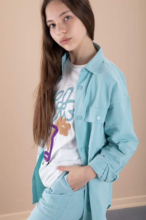 Yeşil Kız Çocuk Çiçek Baskılı Gömlekli Jogger Pantolonlu 3lü Takım 20475