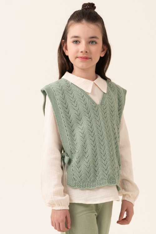 Yeşil Örgü Süveterli Müslin Gömlekli Kız Çocuk 3lü Alt Üst Takım 20536