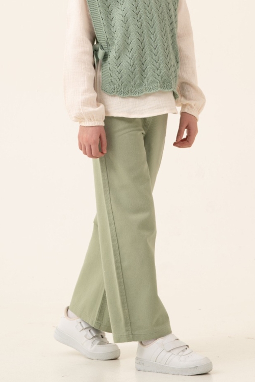 Yeşil Örgü Süveterli Müslin Gömlekli Kız Çocuk 3lü Alt Üst Takım 20536