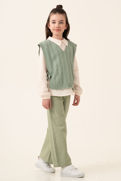 Yeşil Örgü Süveterli Müslin Gömlekli Kız Çocuk 3lü Alt Üst Takım 20536