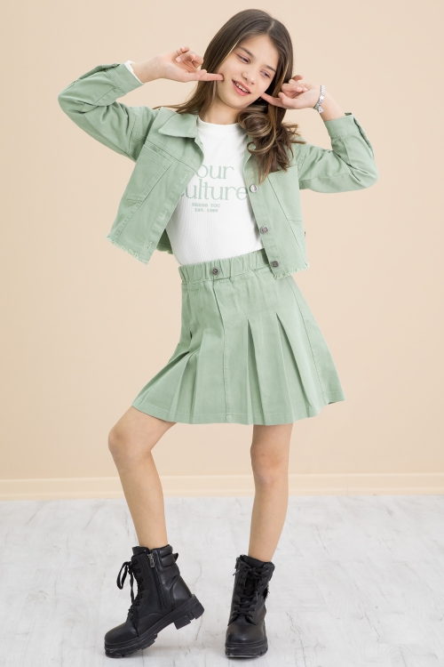 Yeşil Püsküllü Jean Ceketli Kız Çocuk 3lü Etekli Takım 20176