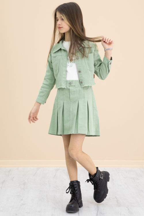 Yeşil Püsküllü Jean Ceketli Kız Çocuk 3lü Etekli Takım 20176