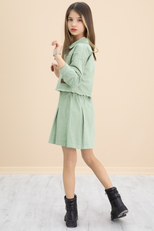 Yeşil Püsküllü Jean Ceketli Kız Çocuk 3lü Etekli Takım 20176