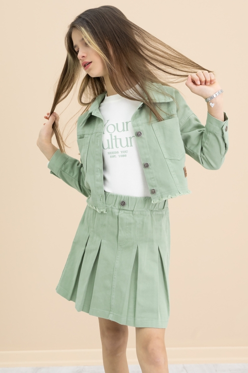 Yeşil Püsküllü Jean Ceketli Kız Çocuk 3lü Etekli Takım 20176