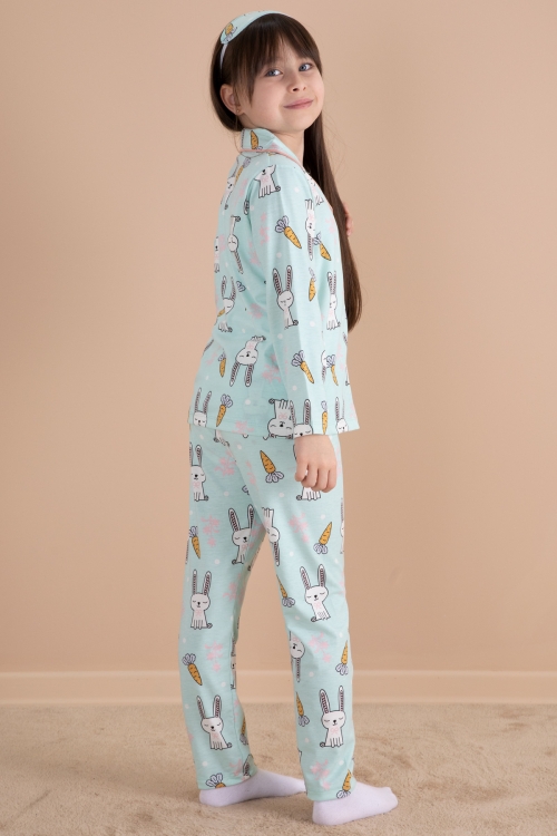 Yeşil Tavşan Baskılı Kız Çocuk Pijama Takımı 20124