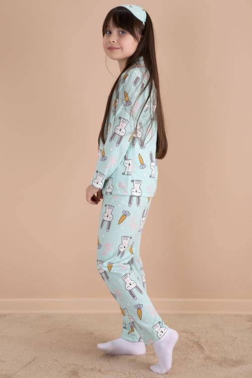 Yeşil Tavşan Baskılı Kız Çocuk Pijama Takımı 20124