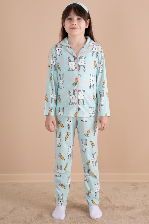 Yeşil Tavşan Baskılı Kız Çocuk Pijama Takımı 20124