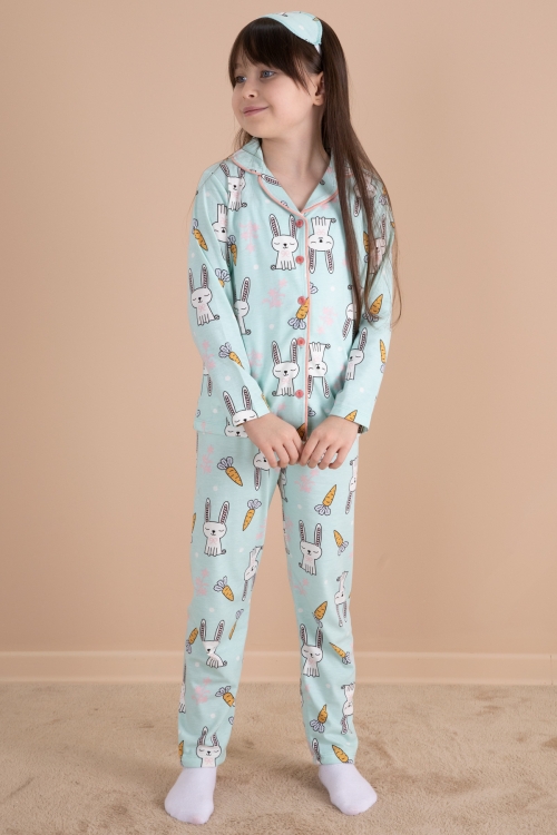 Yeşil Tavşan Baskılı Kız Çocuk Pijama Takımı 20124