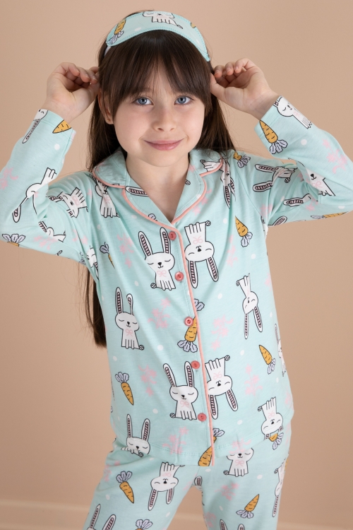 Yeşil Tavşan Baskılı Kız Çocuk Pijama Takımı 20124