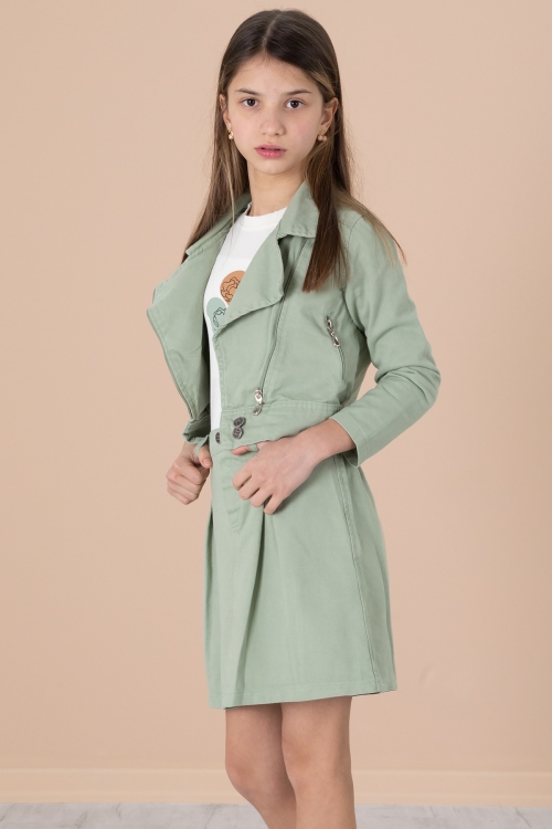 Yeşil Yan Fermuarlı Jean Ceketli 3lü Etekli Kız Çocuk Takım 20216