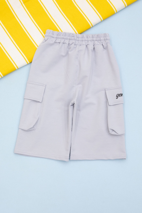 Açık Gri Cebi Yazı Baskılı Beli Lastikli Erkek Çocuk Şort 21162