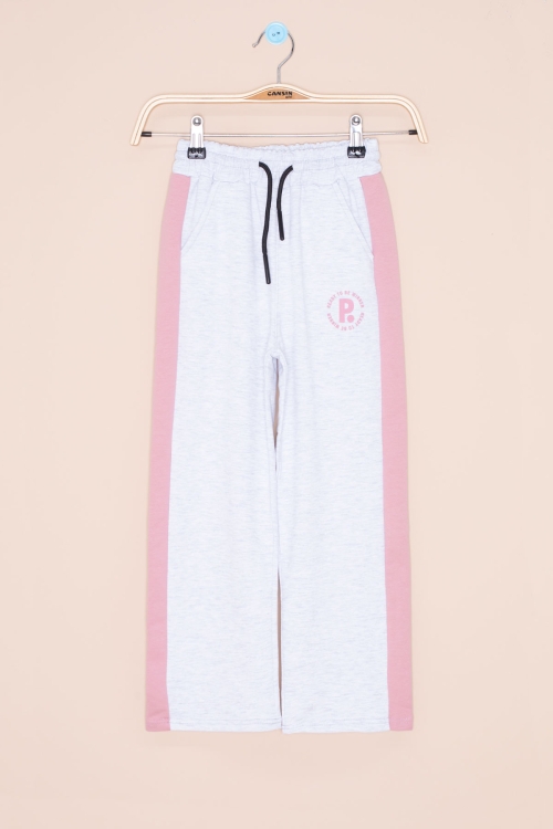 Açık Gri Garnili Geniş Paça Kız Çocuk Beli Lastikli Eşofman Altı 20632