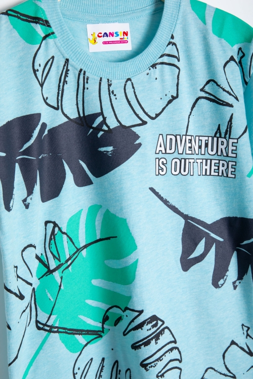 Açık Mavi Yaprak Baskılı Bisiklet Yaka Erkek Çocuk 2li Şortlu Takım 21061