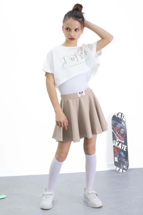 Bej Beli Lastikli Fitilli Kız Çocuk Tenis Eteği 21040