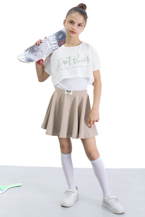 Bej Beli Lastikli Fitilli Kız Çocuk Tenis Eteği 21040