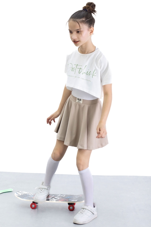 Bej Beli Lastikli Fitilli Kız Çocuk Tenis Eteği 21040