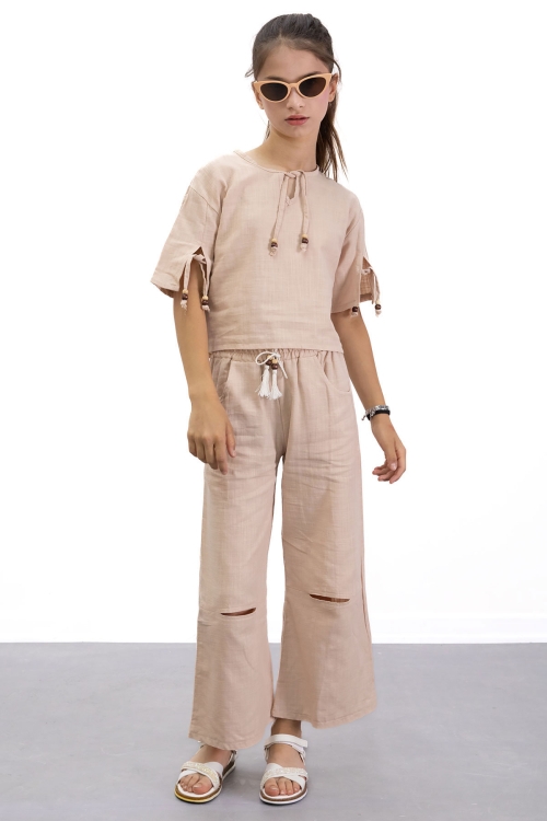 Bej Boyundan Bağlamalı Tişörtlü Kız Çocuk Pantolonlu 2li Takım 21187