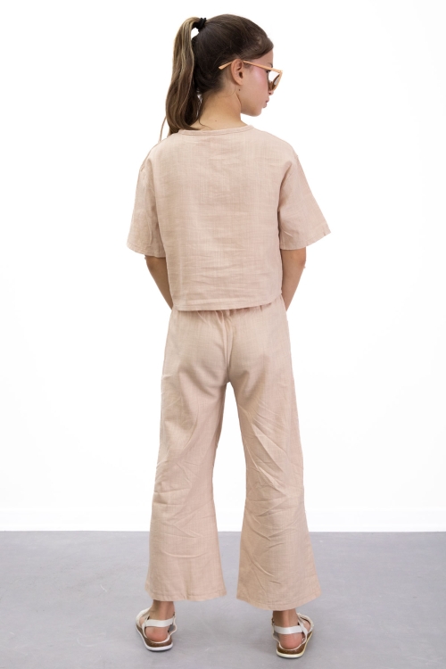 Bej Boyundan Bağlamalı Tişörtlü Kız Çocuk Pantolonlu 2li Takım 21187