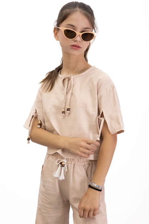 Bej Boyundan Bağlamalı Tişörtlü Kız Çocuk Pantolonlu 2li Takım 21187