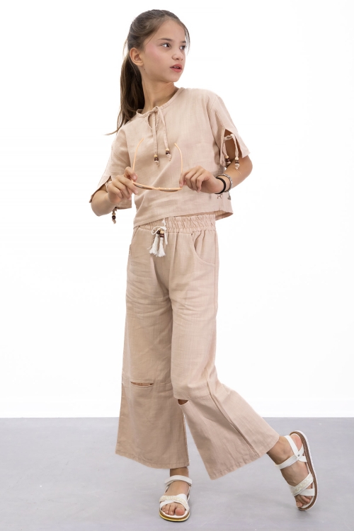 Bej Boyundan Bağlamalı Tişörtlü Kız Çocuk Pantolonlu 2li Takım 21187