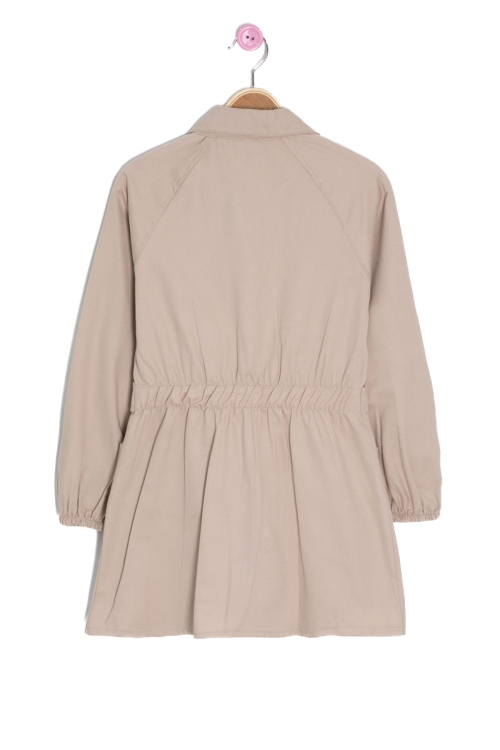 Bej Çıtçıt Kapamalı Kuşaklı Kız Çocuk Keten Elbise 20693