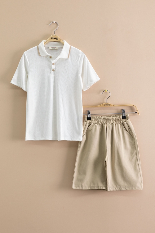 Bej Çizgi Desenli Polo Yaka Düğmeli Erkek Çocuk Şortlu 2li Takım 21114