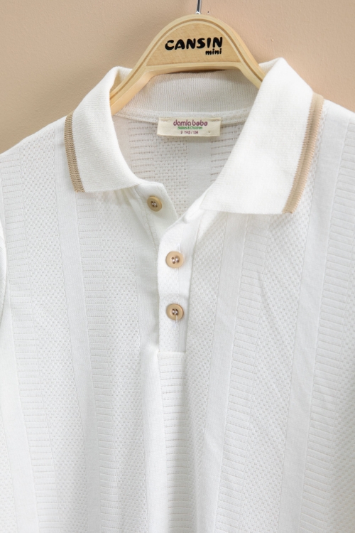 Bej Çizgi Desenli Polo Yaka Düğmeli Erkek Çocuk Şortlu 2li Takım 21114