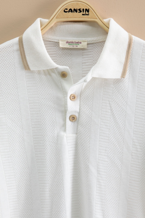 Bej Çizgi Desenli Polo Yaka Düğmeli Erkek Çocuk Şortlu 2li Takım 21114