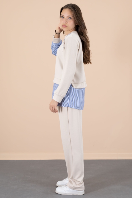 Bej Çizgi Desenli Taş Detaylı Bluzlu Kız Çocuk Kuşaklı Pantolonlu 2li Takım 20658