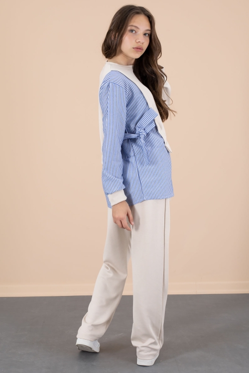 Bej Çizgi Desenli Taş Detaylı Bluzlu Kız Çocuk Kuşaklı Pantolonlu 2li Takım 20658