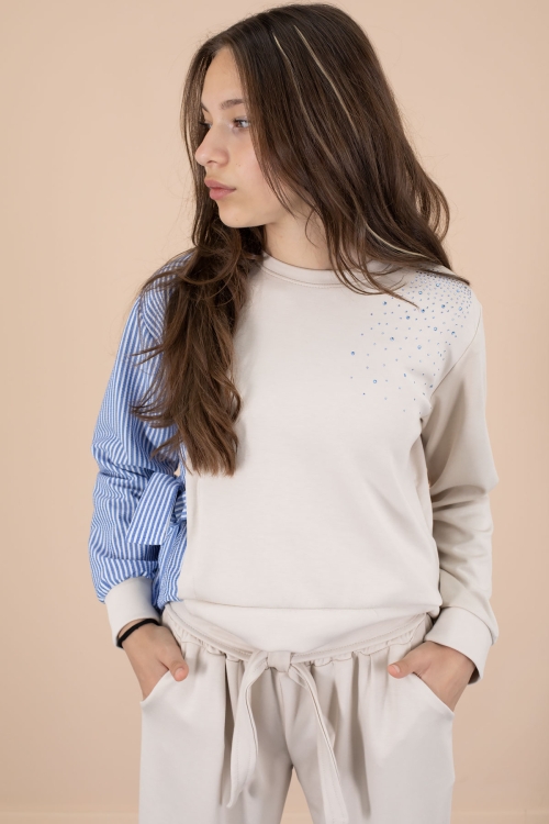 Bej Çizgi Desenli Taş Detaylı Bluzlu Kız Çocuk Kuşaklı Pantolonlu 2li Takım 20658