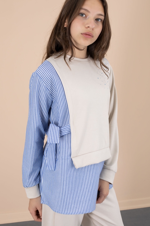 Bej Çizgi Desenli Taş Detaylı Bluzlu Kız Çocuk Kuşaklı Pantolonlu 2li Takım 20658