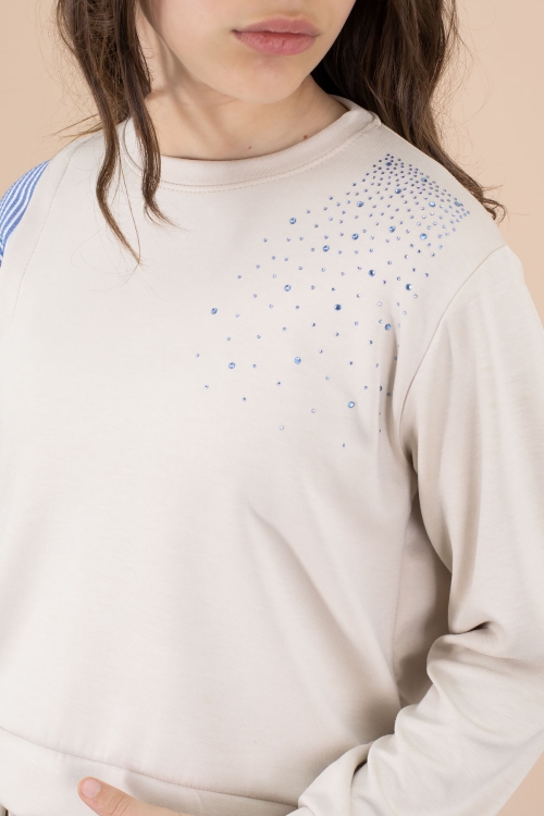 Bej Çizgi Desenli Taş Detaylı Bluzlu Kız Çocuk Kuşaklı Pantolonlu 2li Takım 20658