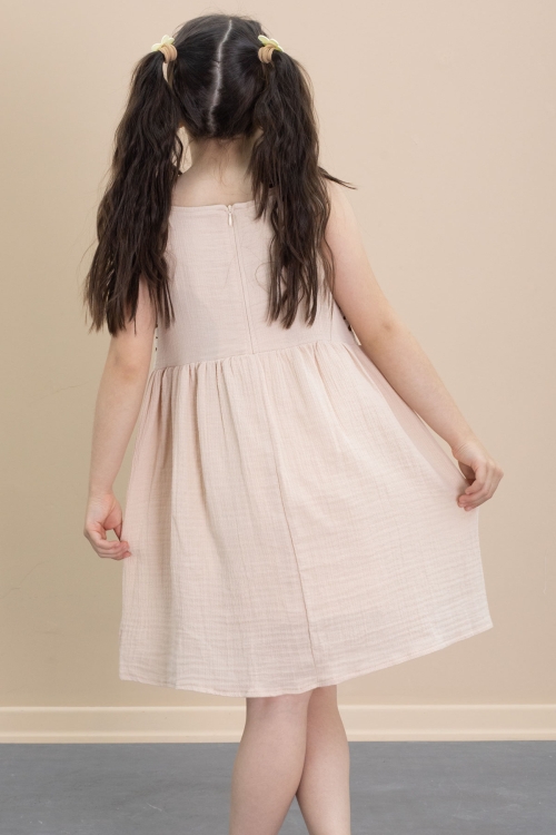 Bej Dantel Detaylı Askılı Kız Çocuk Müslin Elbise 21021