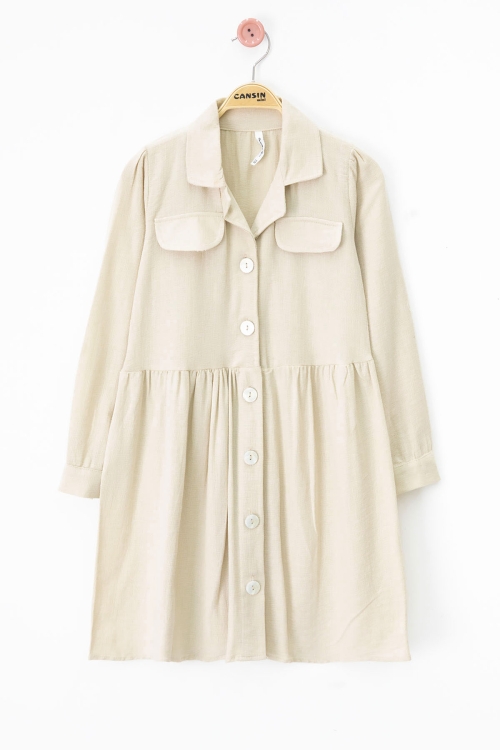 Bej Düğme Kapamalı Kız Çocuk Kapak Detaylı Uzun Kol Elbise 20701