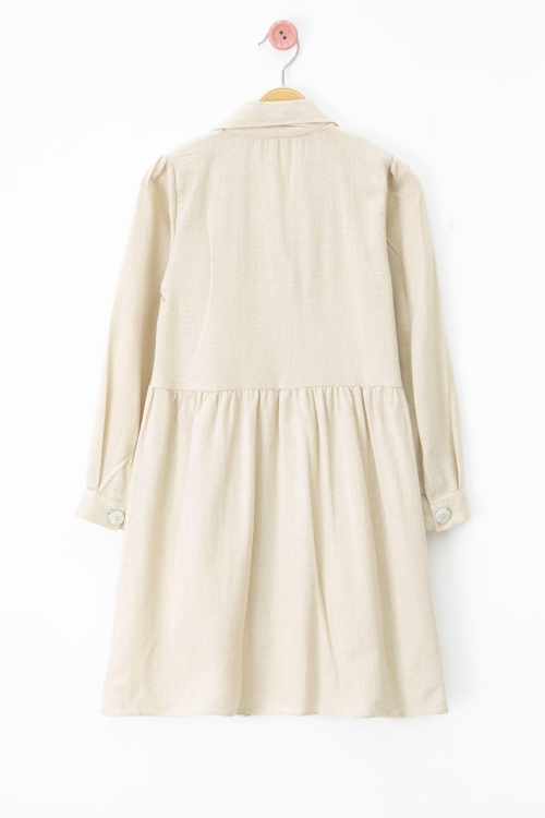 Bej Düğme Kapamalı Kız Çocuk Kapak Detaylı Uzun Kol Elbise 20701