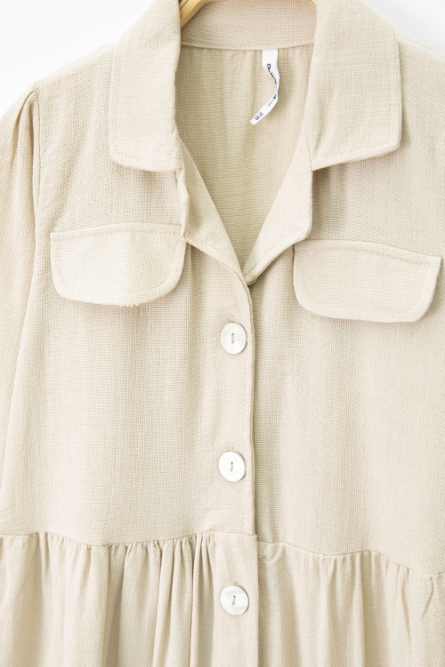 Bej Düğme Kapamalı Kız Çocuk Kapak Detaylı Uzun Kol Elbise 20701