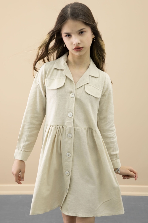 Bej Düğme Kapamalı Kız Çocuk Kapak Detaylı Uzun Kol Elbise 20701