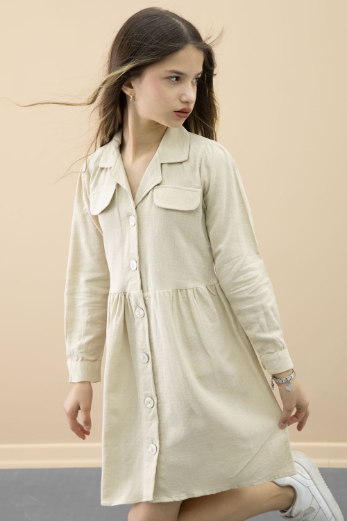 Bej Düğme Kapamalı Kız Çocuk Kapak Detaylı Uzun Kol Elbise 20701