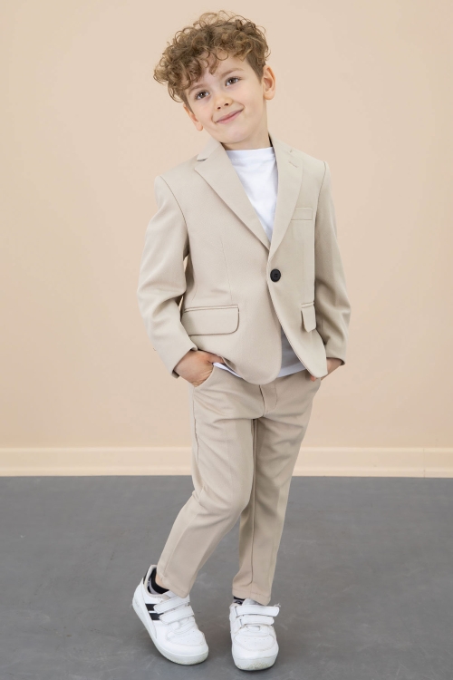 Bej Düğmeli Ceketli Basic Tişörtlü Erkek Çocuk Pantolonlu 3lü Takım Elbise 20721