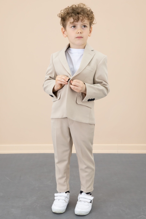 Bej Düğmeli Ceketli Basic Tişörtlü Erkek Çocuk Pantolonlu 3lü Takım Elbise 20721