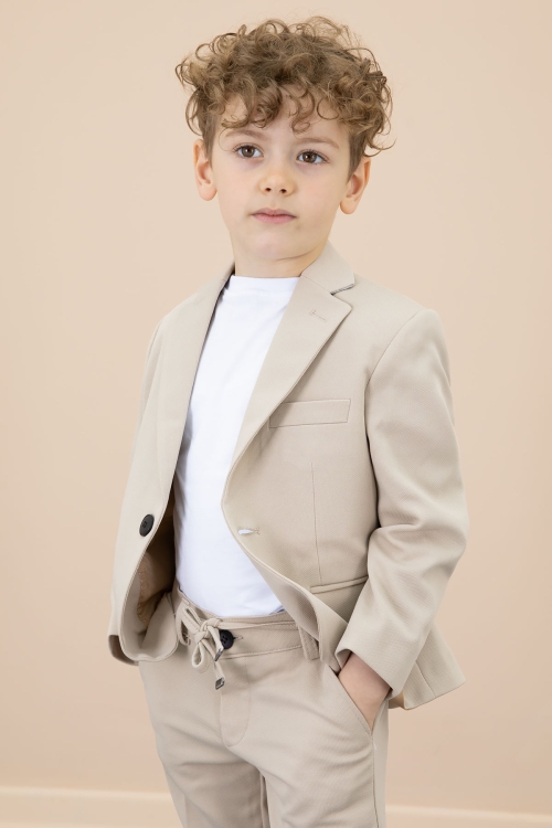 Bej Düğmeli Ceketli Basic Tişörtlü Erkek Çocuk Pantolonlu 3lü Takım Elbise 20721