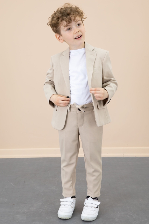 Bej Düğmeli Ceketli Basic Tişörtlü Erkek Çocuk Pantolonlu 3lü Takım Elbise 20721