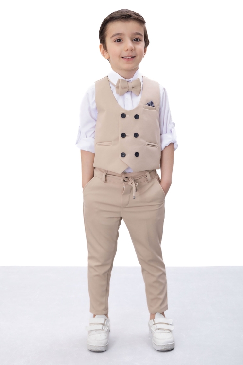 Bej Düğmeli Yelekli Papyonlu Gömlekli Erkek Çocuk 4lü Takım Elbise 20545